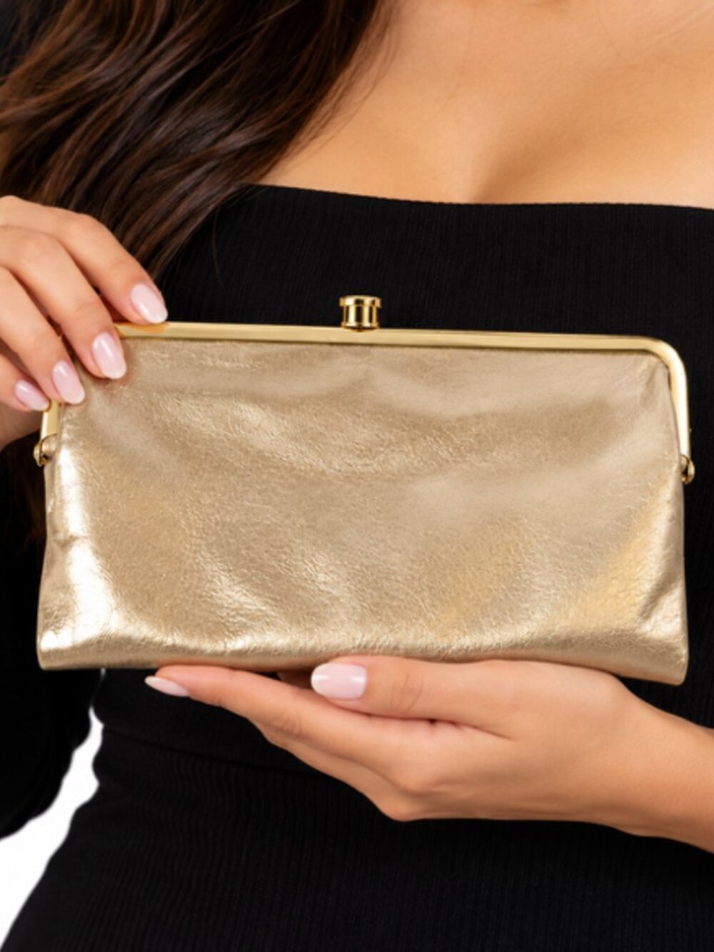 HOBO International Lauren Metallic Gold Leather Double Frame Clutch Wallet